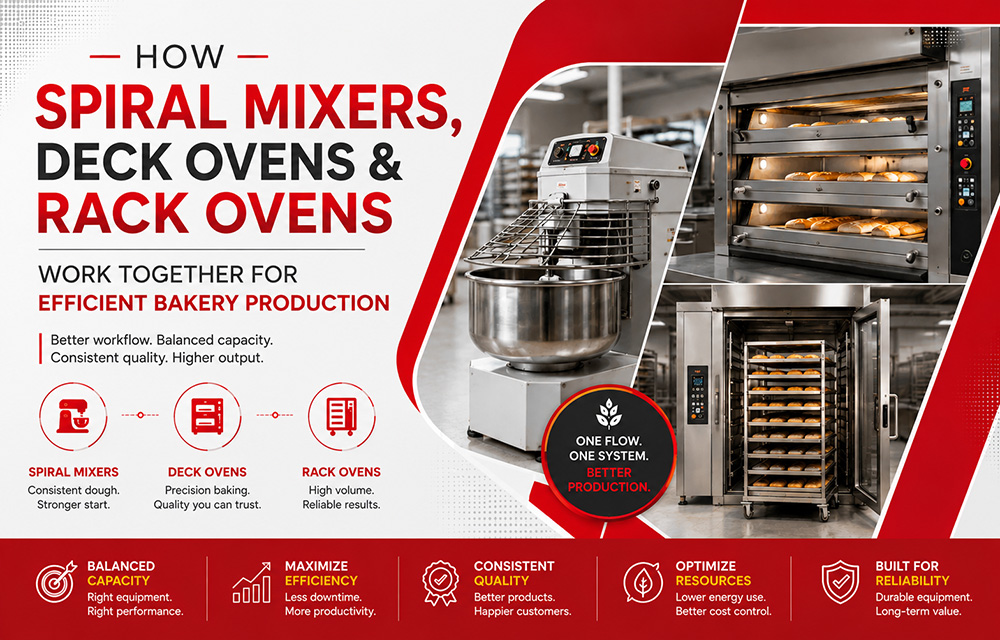 How Spiral Mixers, Deck Ovens, and Rack Ovens Work Together for Efficient Bakery Production