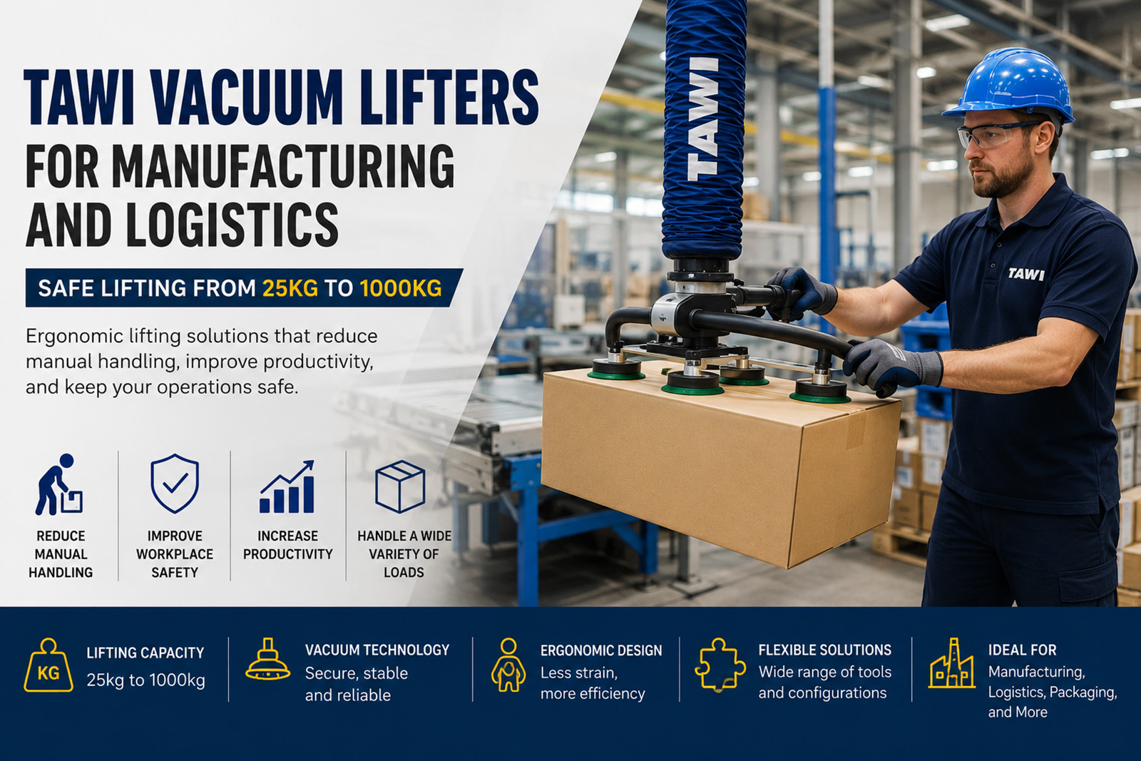 TAWI Vacuum Lifters for Manufacturing and Logistics: Safe Lifting from 25 kg to 1,000 kg
